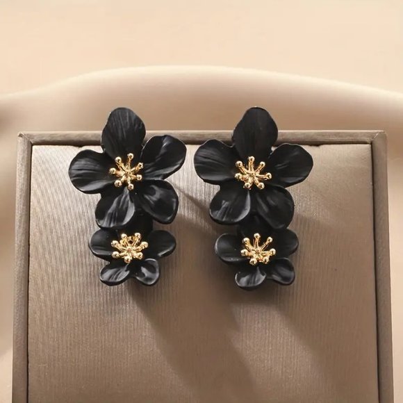 Hibiscus Tropical Double Flower Studs Black Goldtone Center 2" Drop NEW - Picture 2 of 9